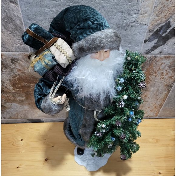 Santa Claus Figurine Ceramic Base Christmas Tree Sack of Gifts Blue Velvet Coat - Picture 4 of 13
